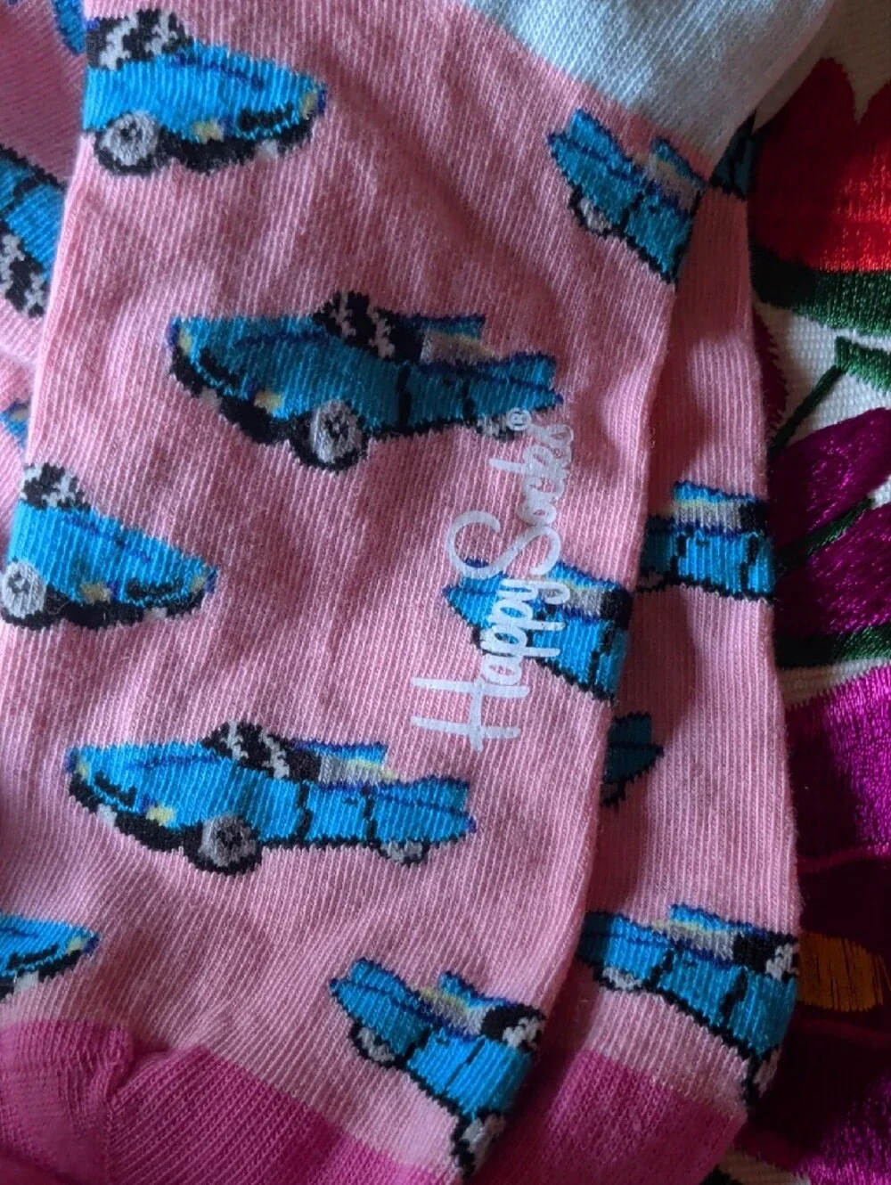 Happy Socks Pink Crew Socks with Blue Fish Motif